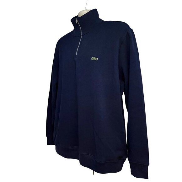Lacoste Navy Blue 1/4 Zip Pullover Knit Sweater 2XL Stretch Pockets Logo New - Picture 1 of 11
